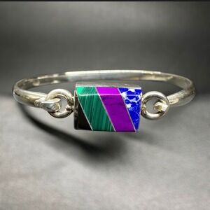 Vintage Taxco Mexico 925 Sterling Silver Multi Stone Inlay Bangle Bracelet TR-71